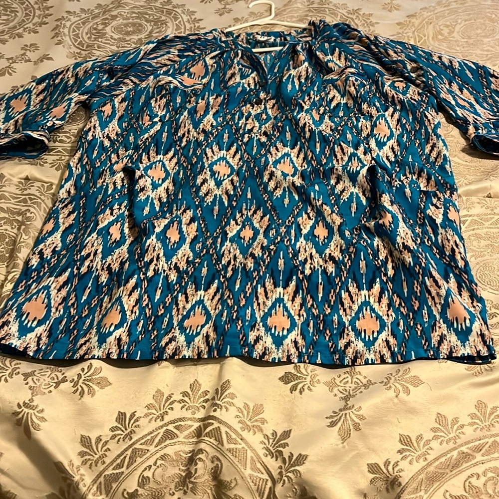 nu brand shirt dress, women’s size M, blue with brown and white design